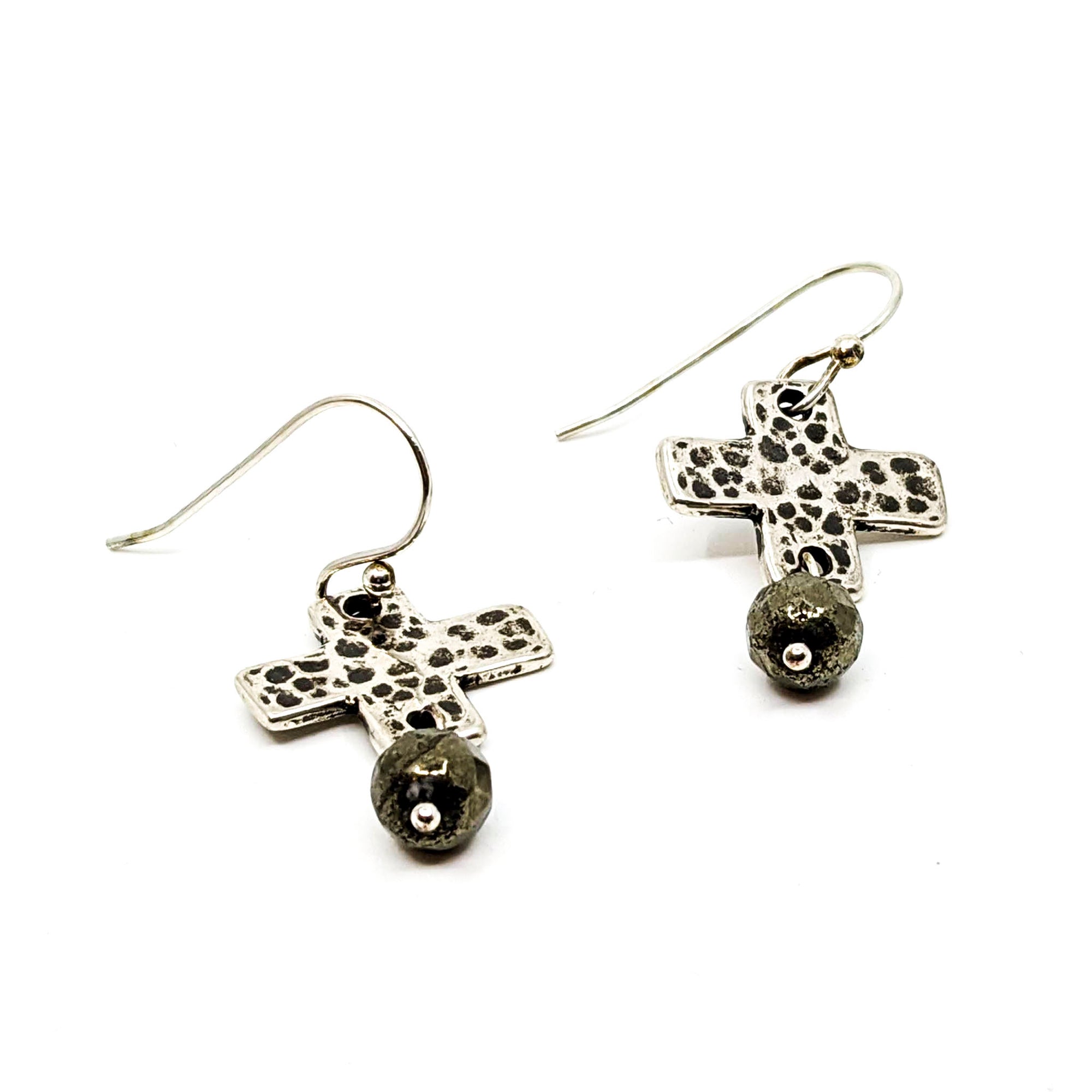 Square Cross Earrings with Pyrite, SS, E-CR609S