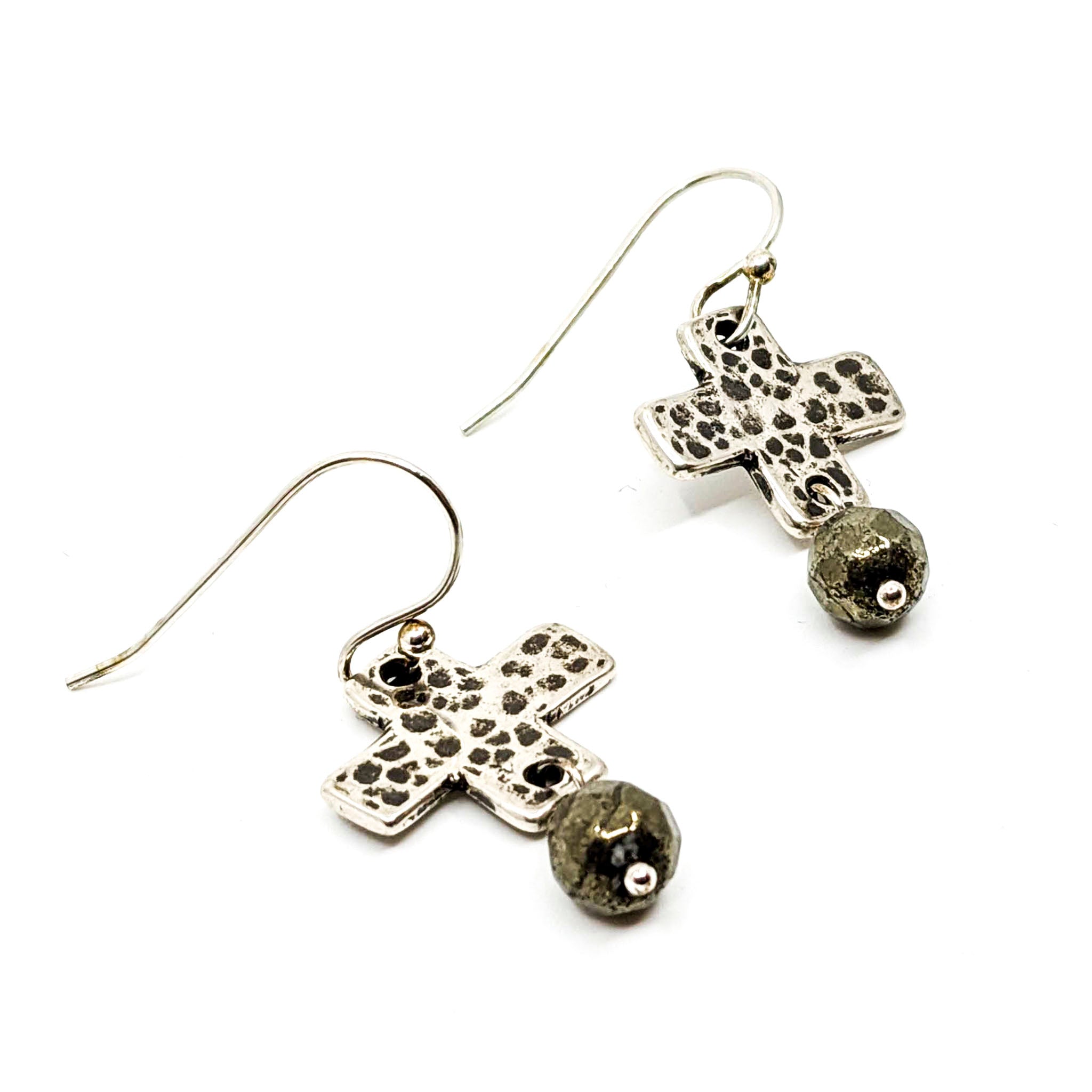 Square Cross Earrings with Pyrite, SS, E-CR609S