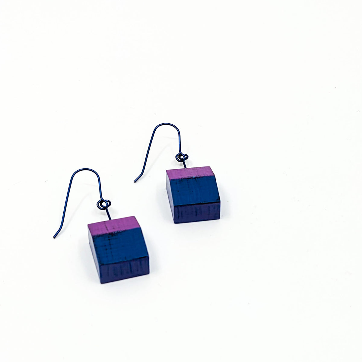 Lauraine Lillie Studios - Wooden Earrings, Painted - Purple + Blue 1.5”(L) x .5”(W) - VISUAL INDEX