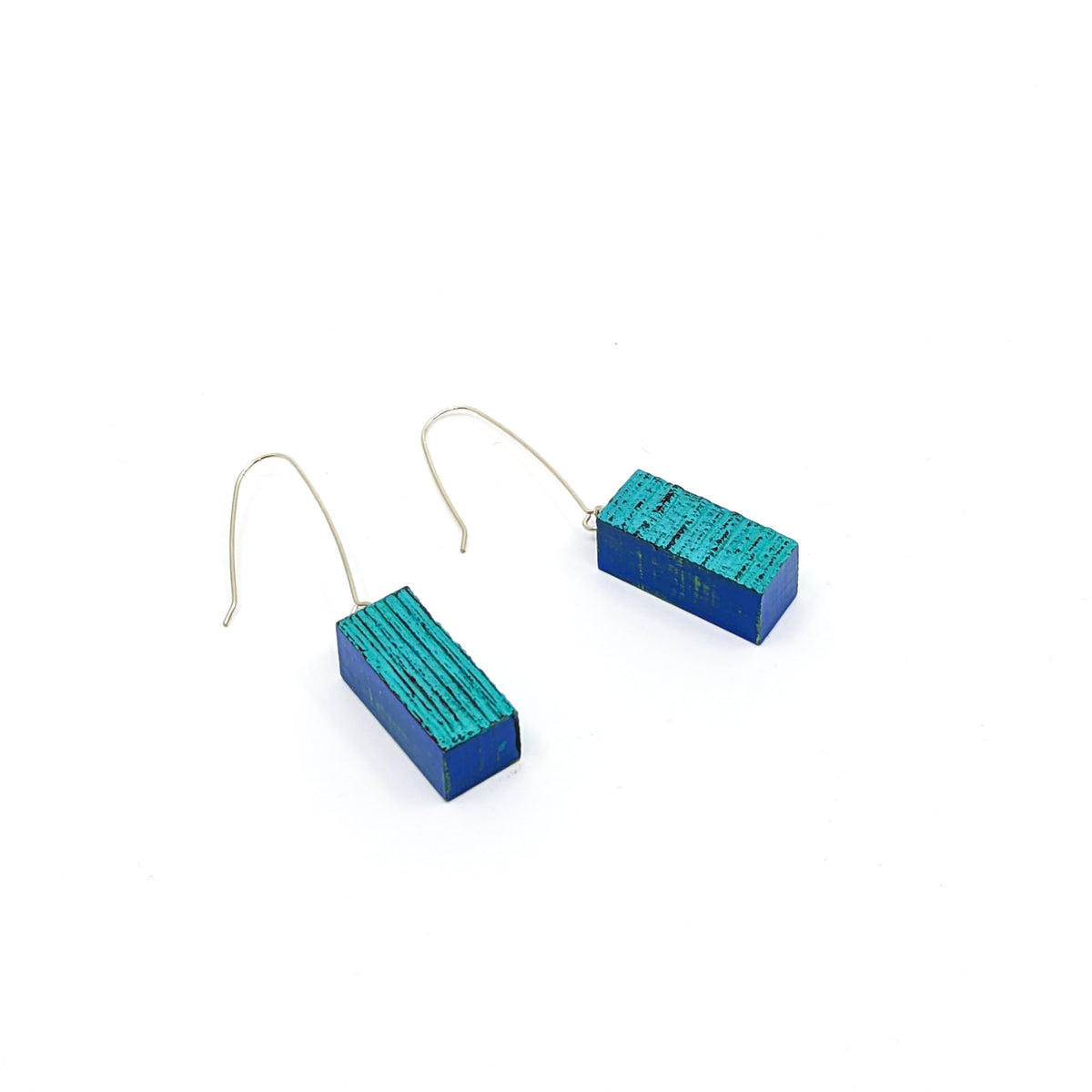 Lauraine Lillie Studios - Wooden Earrings, Painted - Turquoise + Blue 2”(L) x .5”(W) - VISUAL INDEX