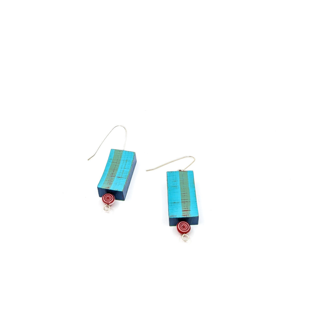 Lauraine Lillie Studios - Wooden Earrings, Painted - Turquoise and Blue Czech Glass Bead - VISUAL INDEX