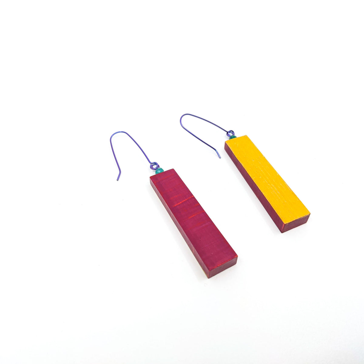 Lauraine Lillie Studios - Wooden Earrings, Painted - Pink with Yellow Back 3”(L) x .5”(W) - VISUAL INDEX