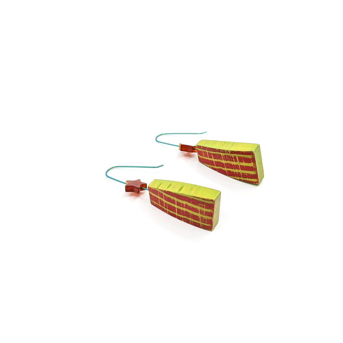 Lauraine Lillie Studios - Wooden Earrings, Painted - Pink + Green + Carnelian Stars - VISUAL INDEX