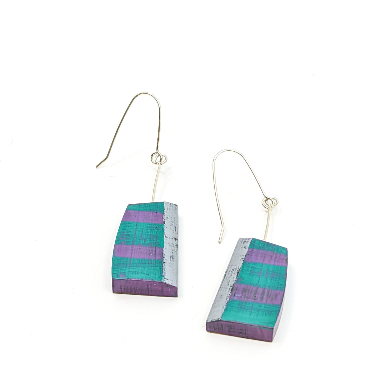 Lauraine Lillie Studios - Wooden Earrings, Painted - Purple + Green + Gray 2.25”(L) x .5”(W) - VISUAL INDEX